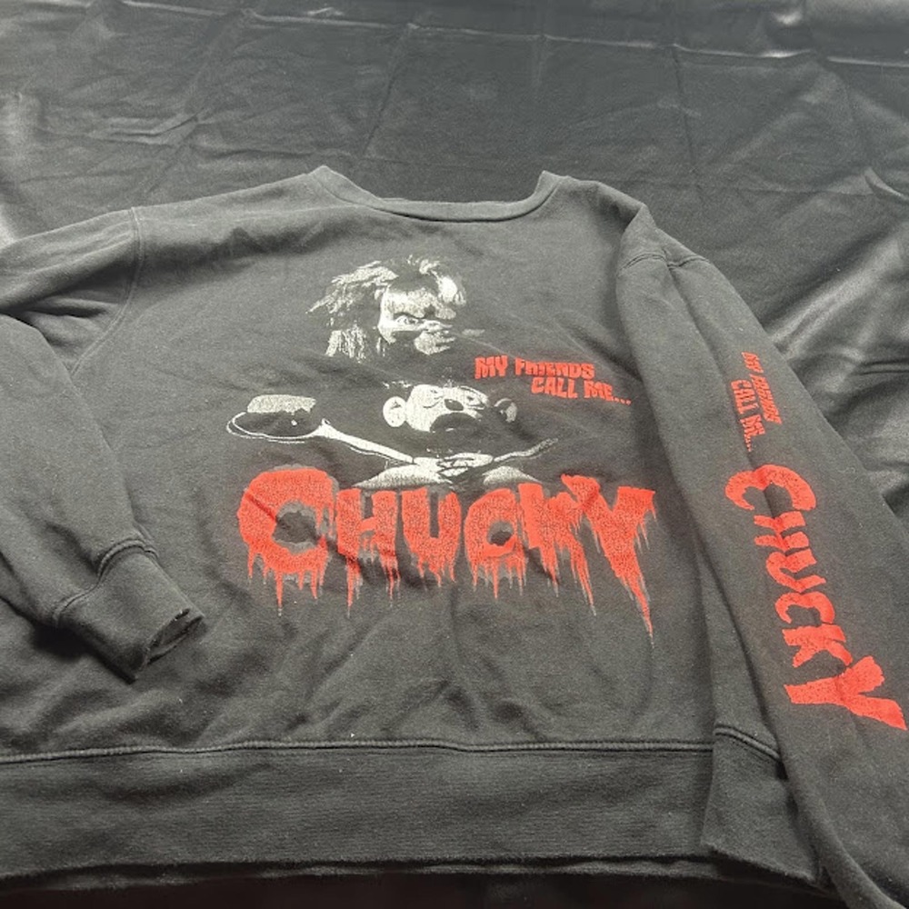 Chucky Horror Movie Graphic Sweatshirt Black Crewneck Seed of Chucky Mens Medium